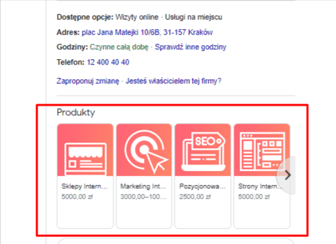 produkty na wizytówce Google