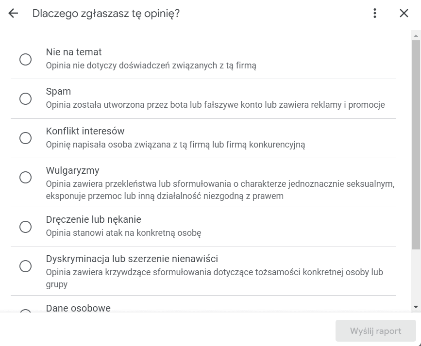 zgłaszanie negatywnych opinii Google